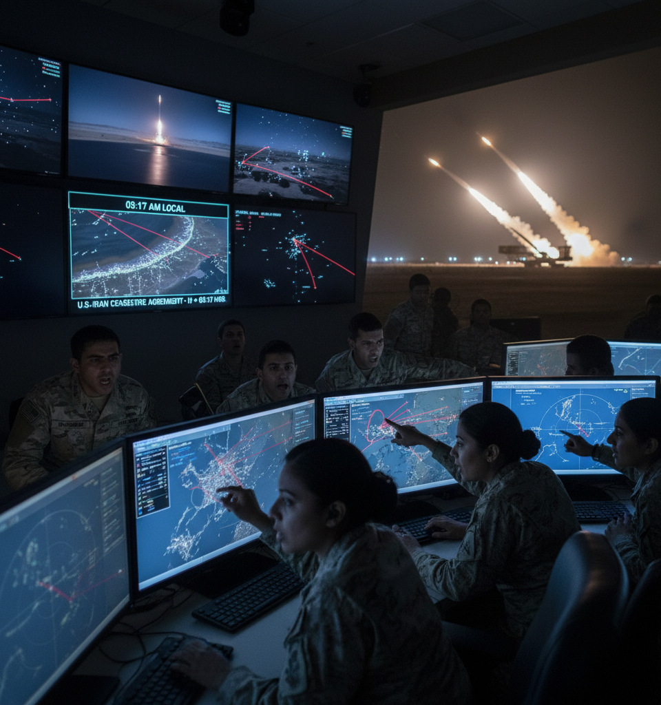 Gulf countries scramble to intercept missiles hours into U.S.-Iran ceasefire agreement — AI-generated illustration