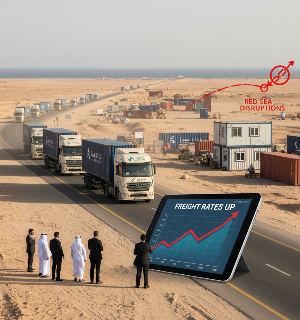 Gulf Freight Rates Soar as Supply Chains Pivot to Costly Road Transport Amidst Red Sea Disruptions — AI-generated illustration