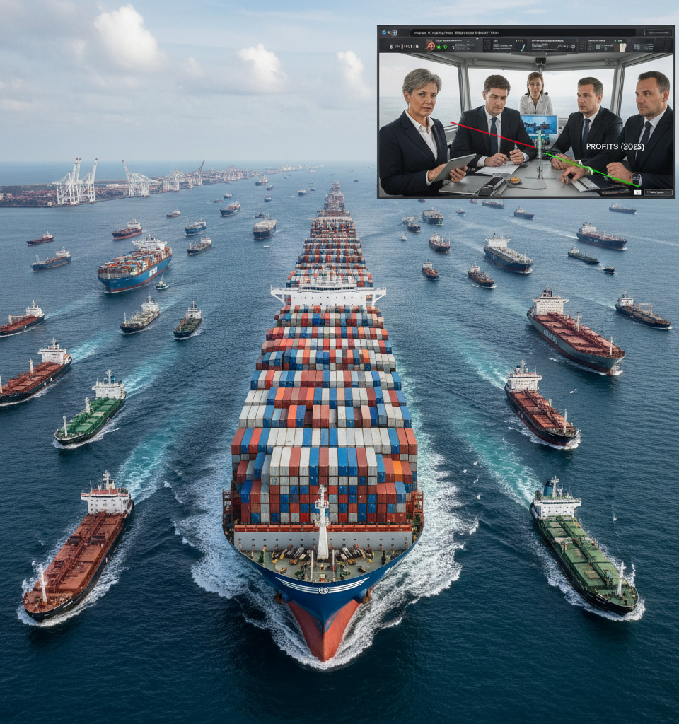 Hapag-Lloyd profits tumbled in 2025 despite carrying more cargo — AI-generated illustration