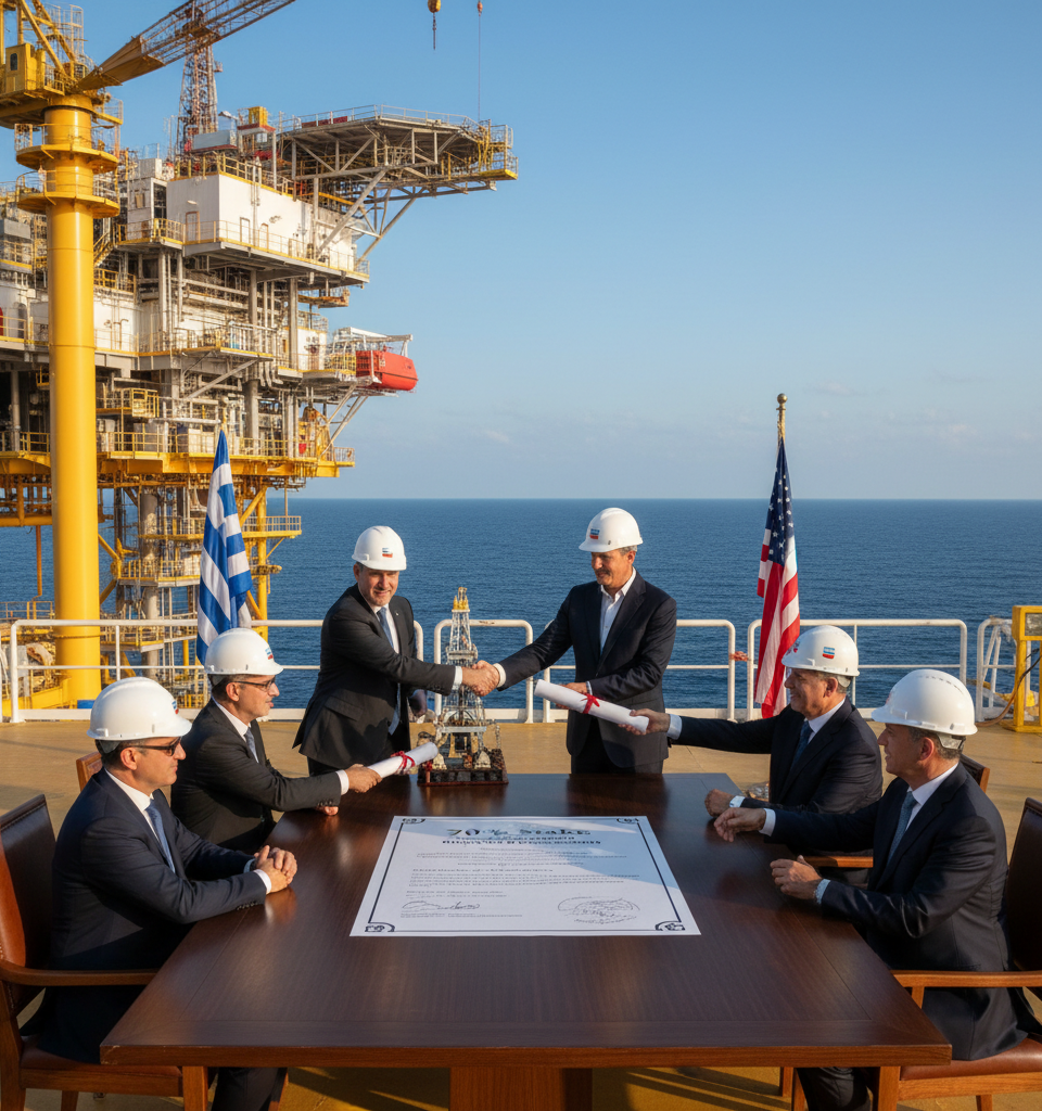 HelleniQ Energy to Cede 70% Stake in Offshore Block 10 Concession to Chevron — AI-generated illustration