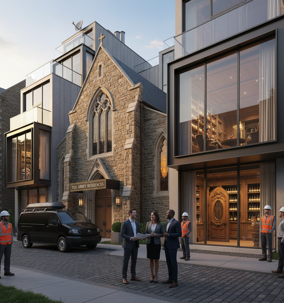 Historic Washington Church Transforms into Luxury Townhomes, Featuring "Secret" Whiskey Room — AI-generated illustration