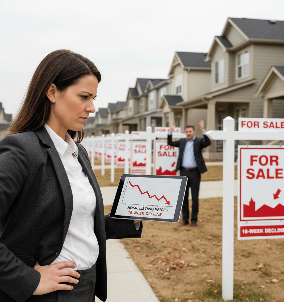 Home Listing Prices Continue 16-Week Decline; Real Estate Agents Express Frustration — AI-generated illustration