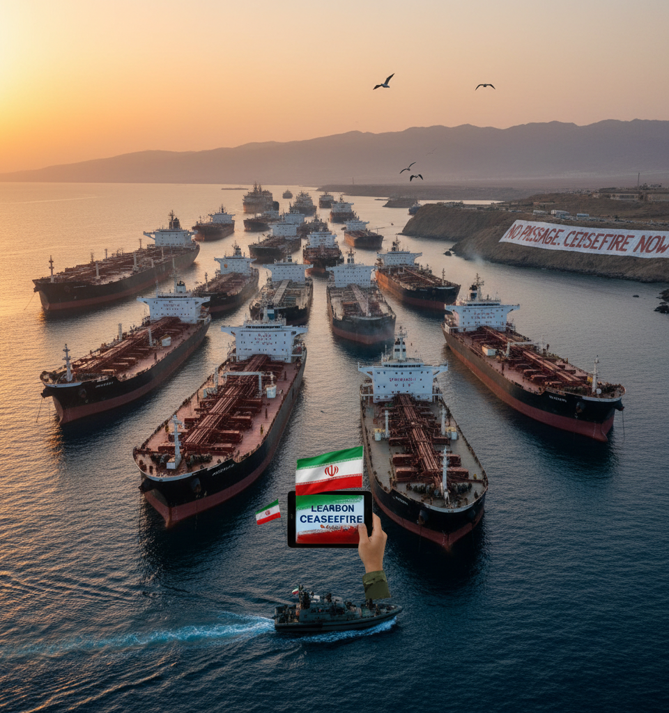 Hormuz Strait Traffic Stalled Amid Iran's Lebanon Ceasefire Demand — AI-generated illustration