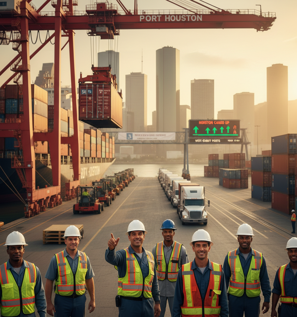 Houston Seizes Cargo Share Amidst West Coast Port Volume Downturn — AI-generated illustration