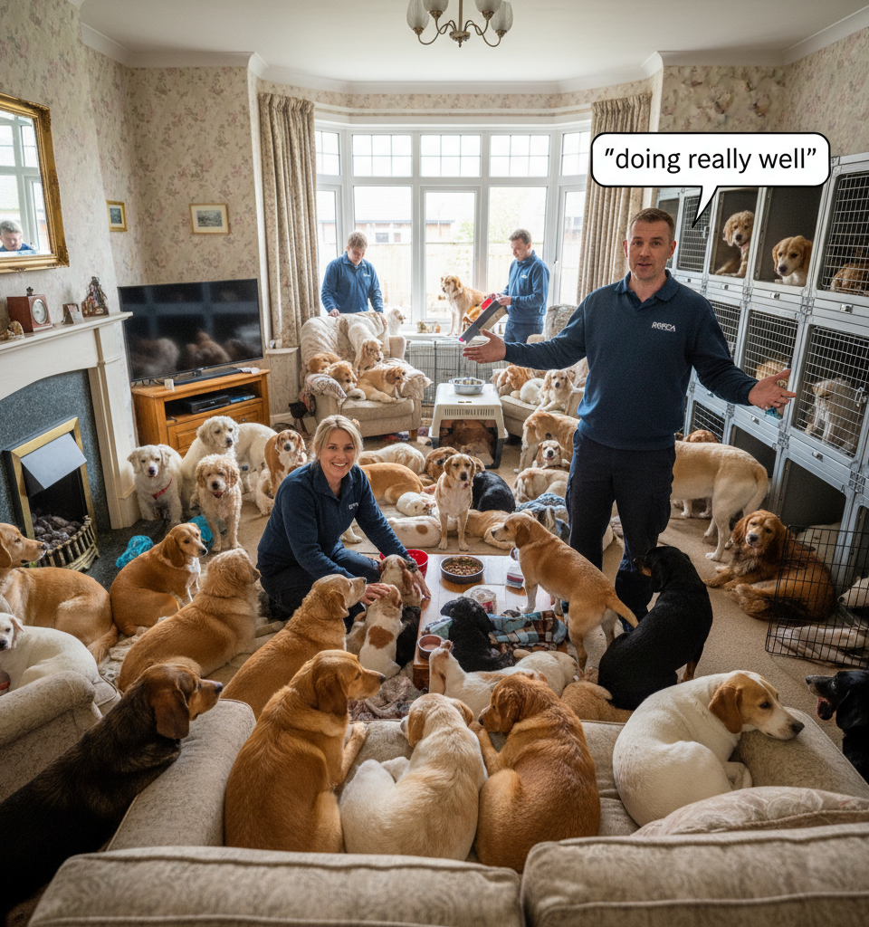 Hundreds of dogs found crammed in living room 'doing really well', says RSPCA — AI-generated illustration