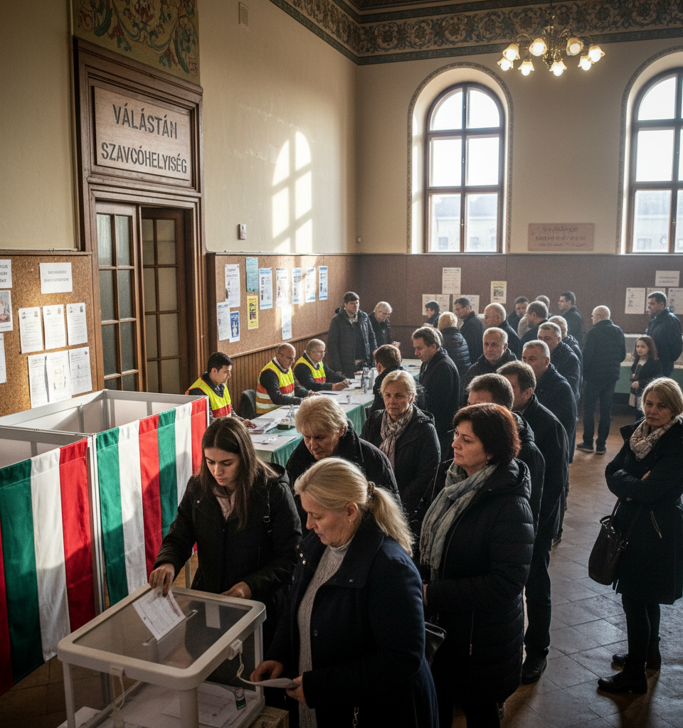 Hungary at a Crossroads: Orbán's Reign Challenged by Rising Star Péter Magyar in Crucial Election — AI-generated illustration