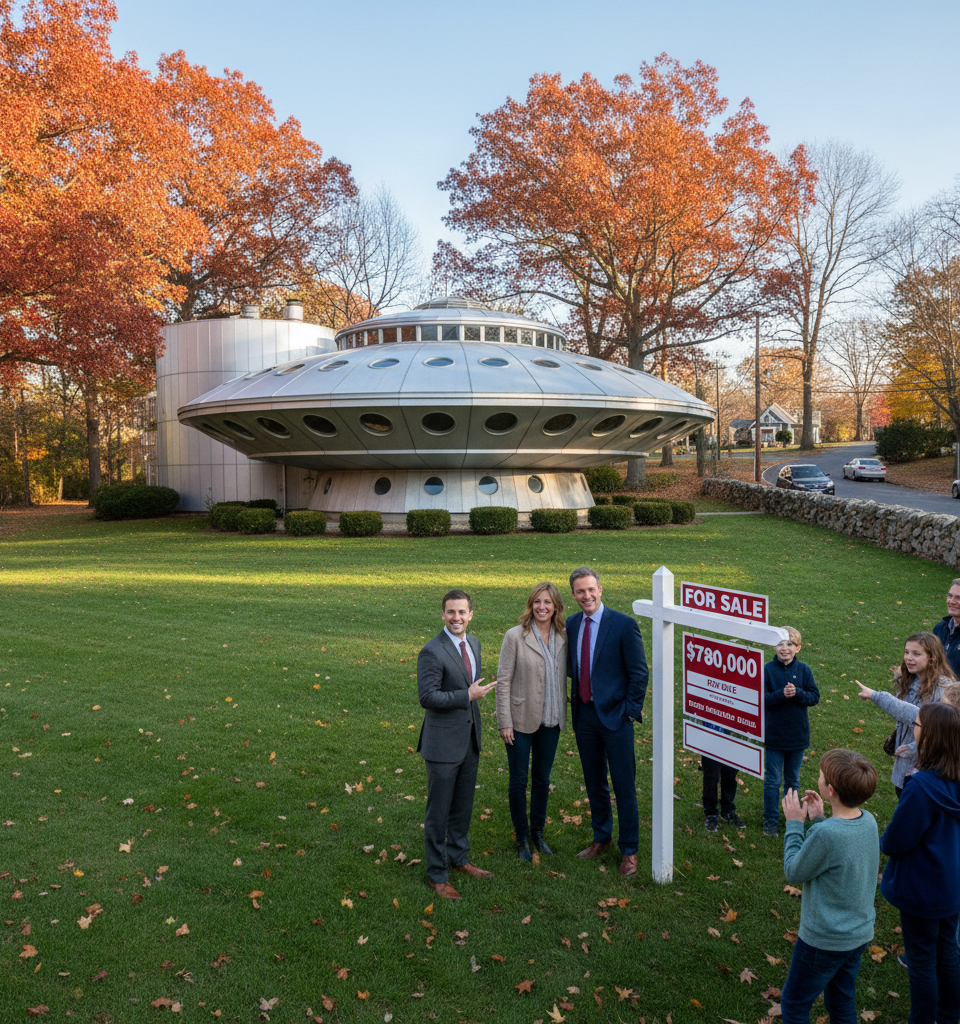 Iconic 'Spaceship' Townhouse in Guilford, CT, Touches Down on Market for $780K — AI-generated illustration
