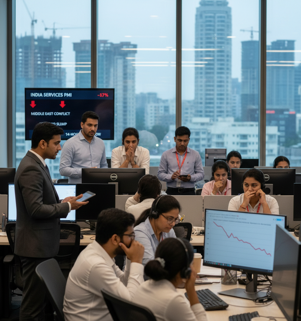 India’s services growth slows to 14-month low as Middle East war hits demand, PMI shows — AI-generated illustration