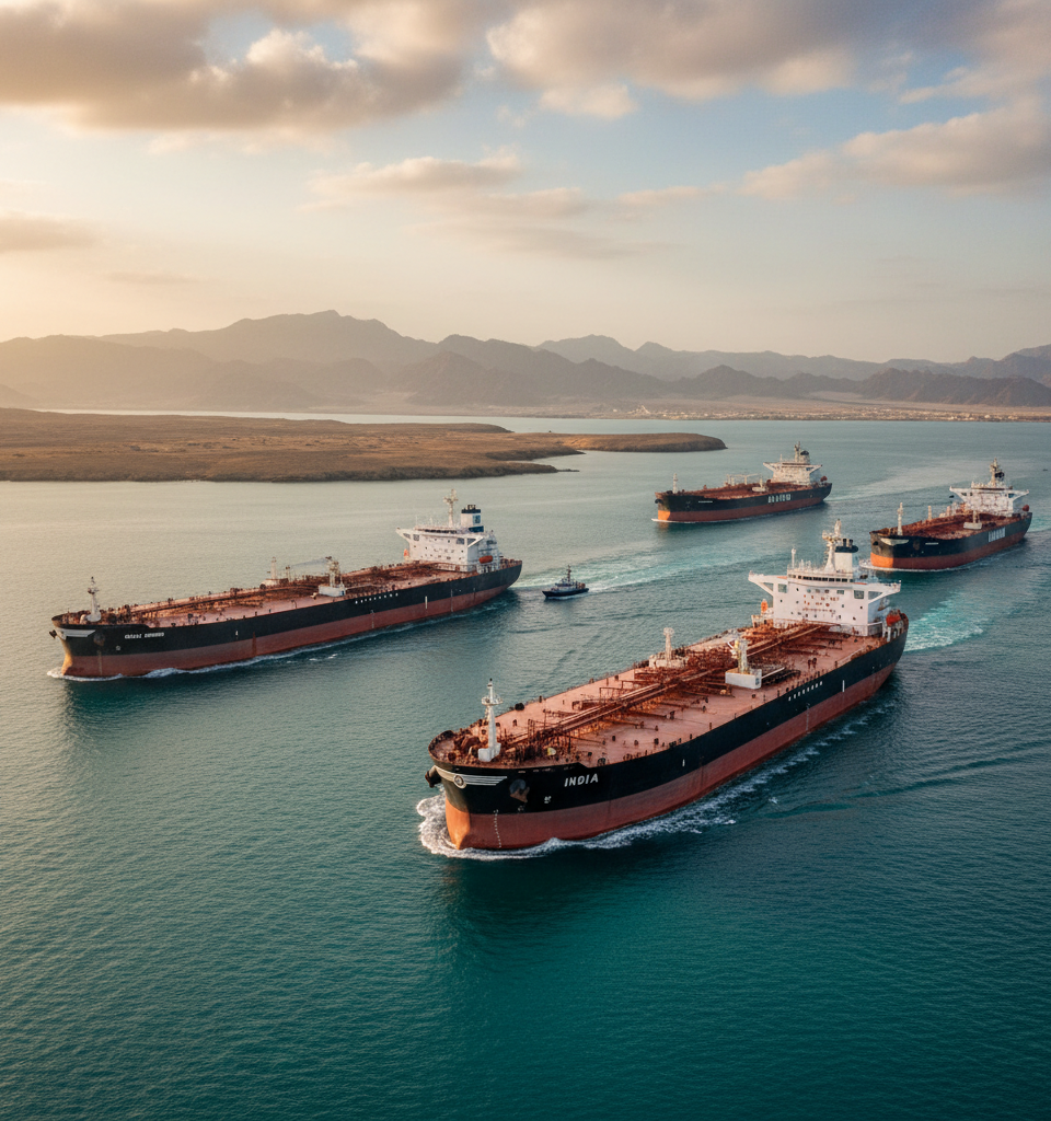 Indian Tankers Reappear in Gulf of Oman, Signaling Increased Hormuz Traffic — AI-generated illustration