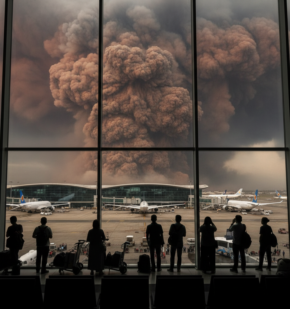 Indonesian Volcano Eruptions Strand 170,000 Air Travelers Near Jakarta — AI-generated illustration