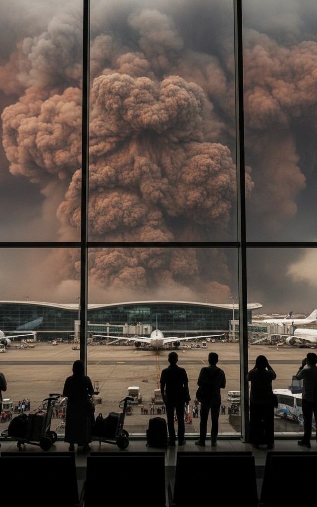 Indonesian Volcano Eruptions Strand 170,000 Air Travelers Near Jakarta — AI-generated illustration