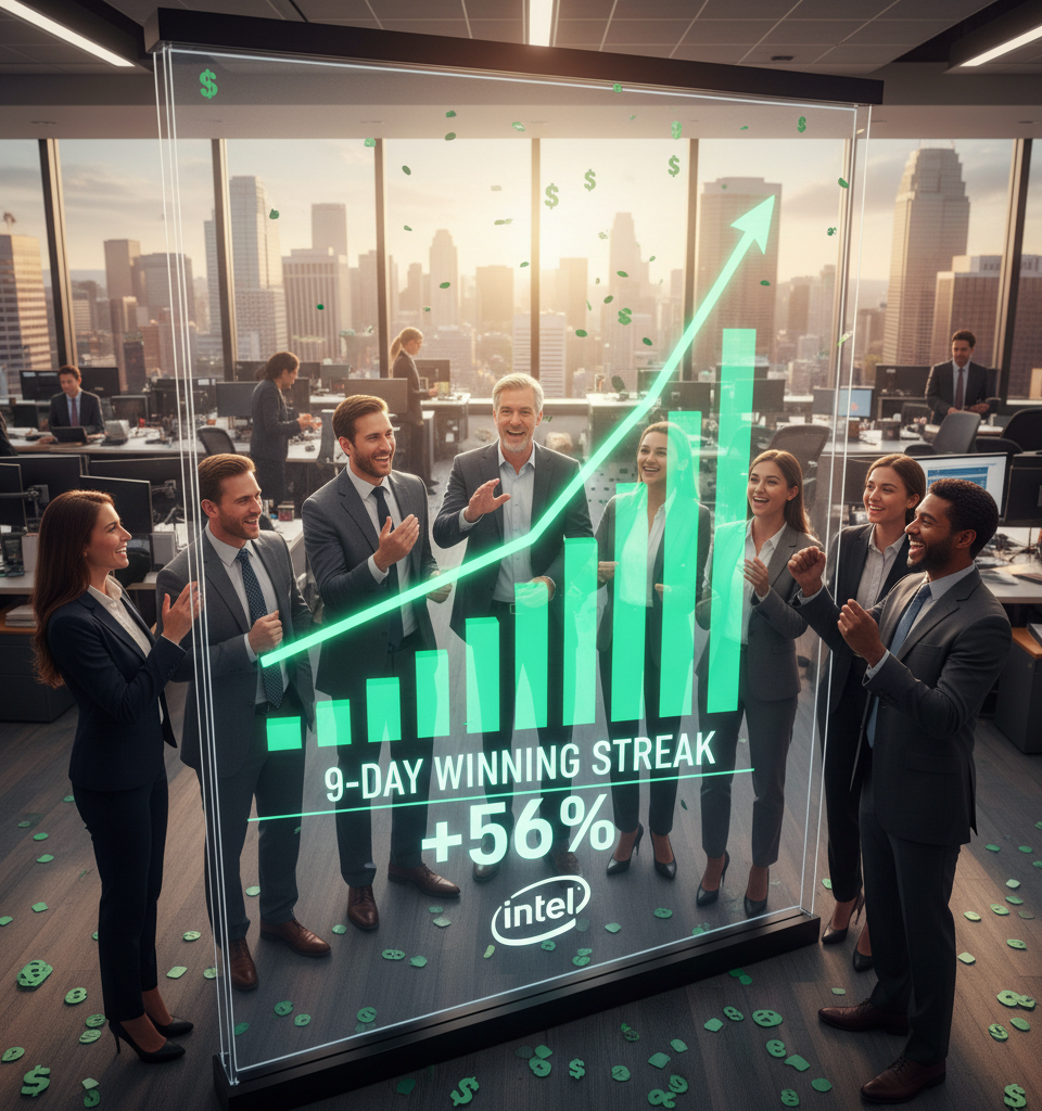 Intel's stock is on track for a historic 9-day winning streak, up 56% over that run — AI-generated illustration