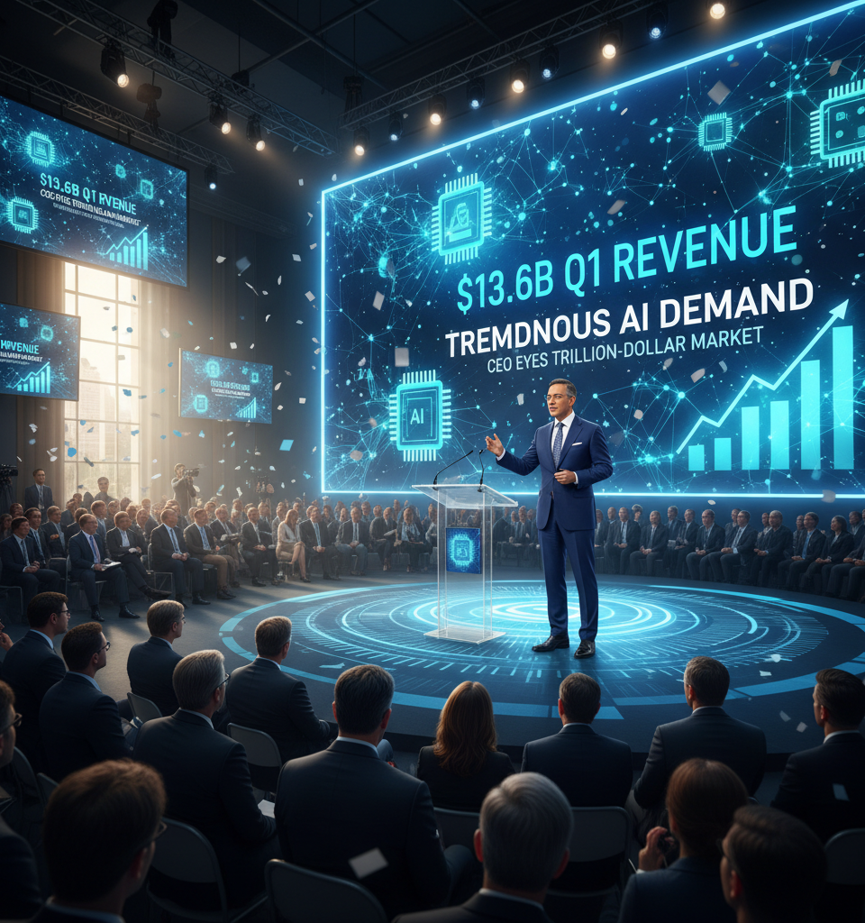 Intel Surges to $13.6B Q1 Revenue on "Tremendous" AI Demand, CEO Eyes Trillion-Dollar Market — AI-generated illustration