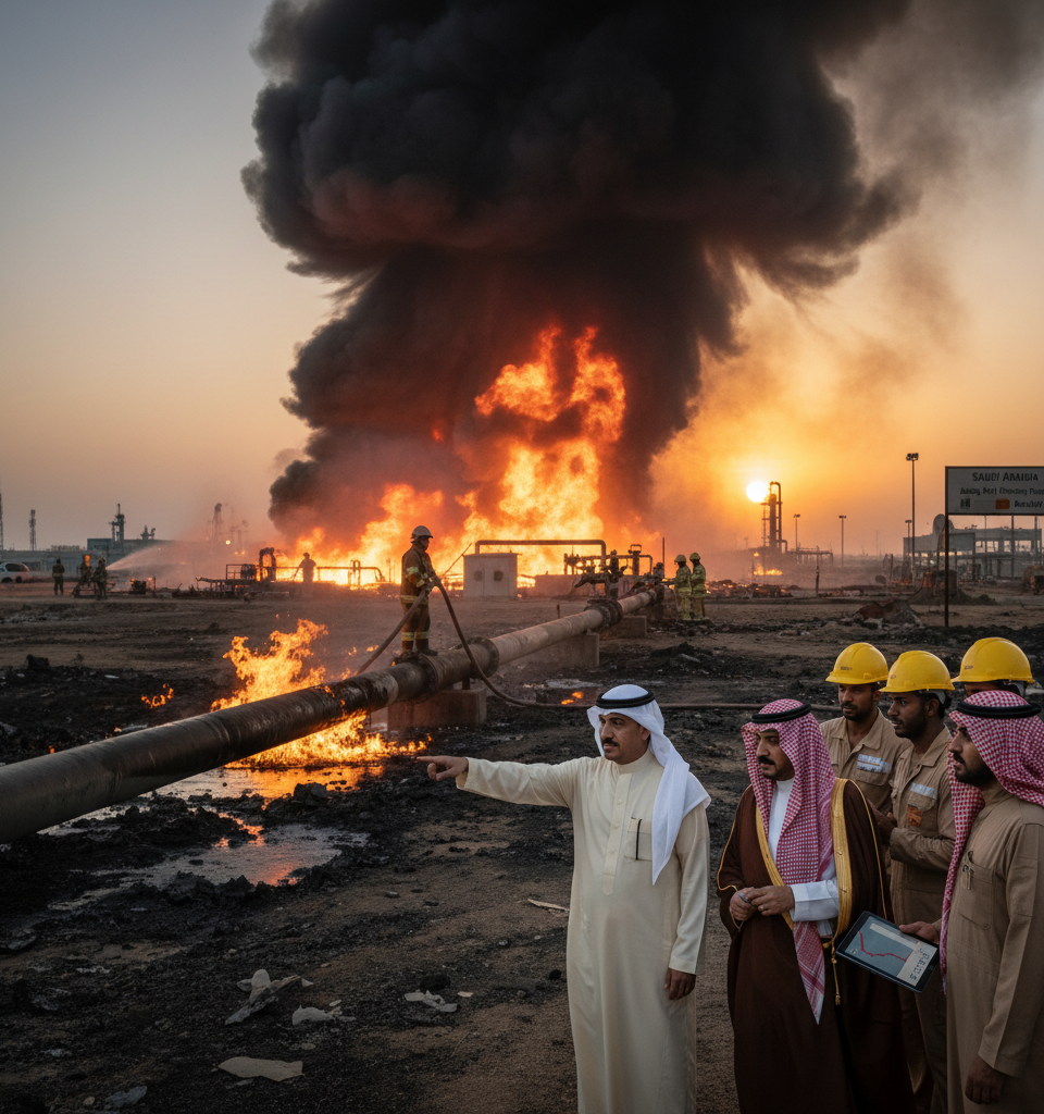 Iran attacks on crucial Saudi pipeline and production facilities slash kingdom's oil output — AI-generated illustration