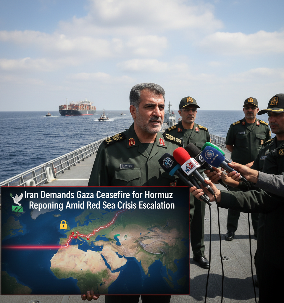 Iran Demands Gaza Ceasefire for Hormuz Reopening Amid Red Sea Crisis Escalation — AI-generated illustration