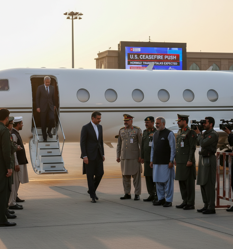 Iran's Envoy Returns to Islamabad Amidst U.S. Ceasefire Push; Hormuz Transit Talks Loom — AI-generated illustration