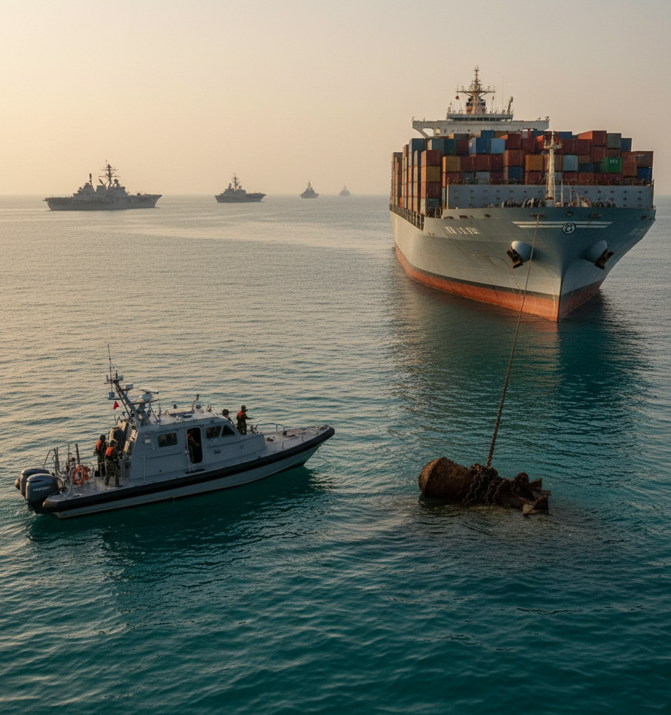 Iran Stymied: Lost Mines Hamper Hormuz Shipping Amid US Pressure — AI-generated illustration