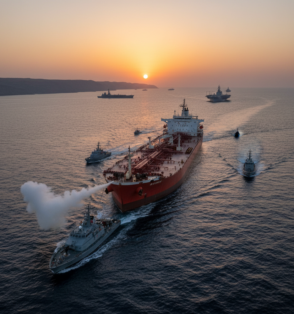 Iran Targets Tanker in Hormuz Strait Amid Escalating US Blockade Tensions — AI-generated illustration