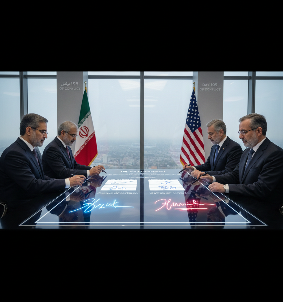 Iran, US Electronically Sign Memorandum to End Hostilities on Day 109 of Conflict — AI-generated illustration