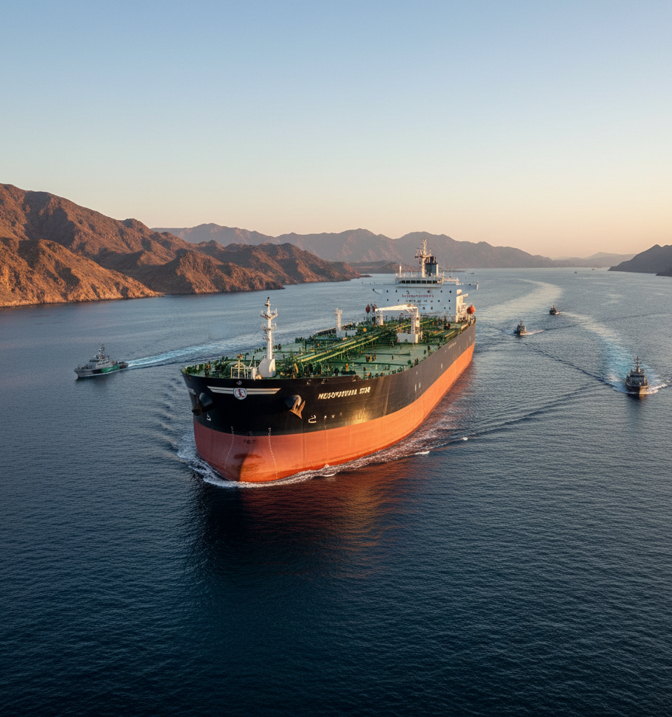 Iraq-Linked Oil Tanker Navigates Hormuz Through Iranian Waters, Raising Geopolitical Questions — AI-generated illustration