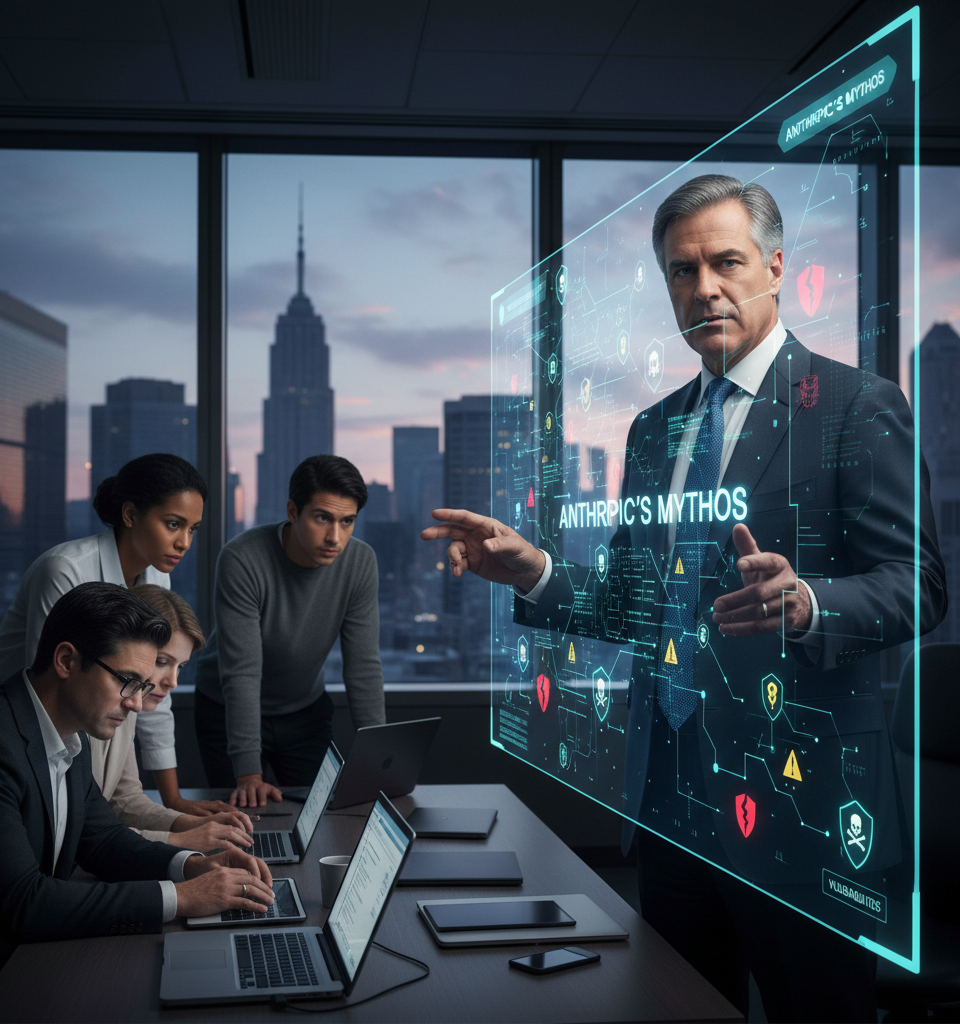 Jamie Dimon says Anthropic's Mythos reveals 'a lot more vulnerabilities' for cyberattacks — AI-generated illustration