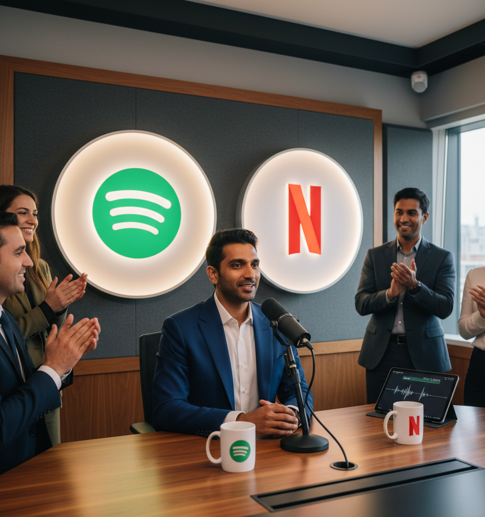 Jay Shetty Lands $100 Million Exclusive Podcast Deals with Spotify and Netflix — AI-generated illustration