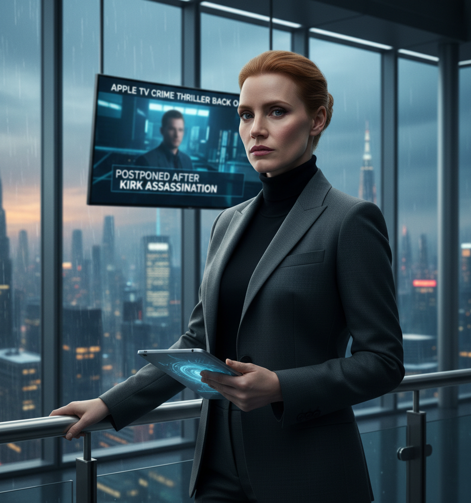 Jessica Chastain's Apple TV crime thriller is back on after being postponed following Charlie Kirk's assassination — AI-generated illustration