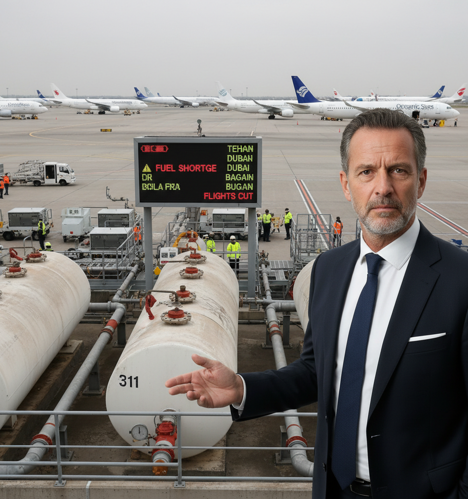 Jet fuel supply concerns grow as war with Iran drags on, airlines cut flights — AI-generated illustration