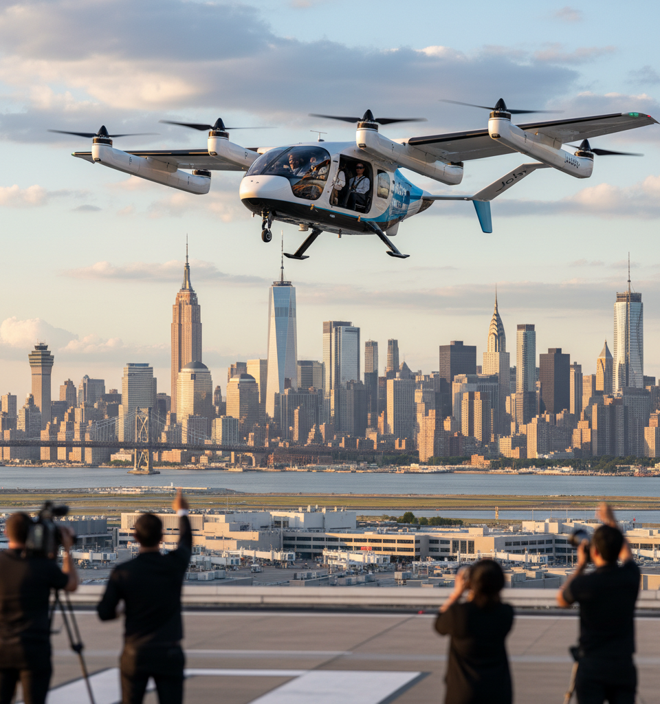 Joby Aviation Launches Landmark 10-Minute Air Taxi Demos Connecting JFK to Manhattan — AI-generated illustration