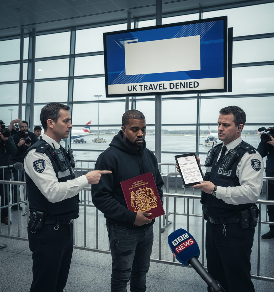 Kanye West blocked from travelling to UK, government tells BBC — AI-generated illustration