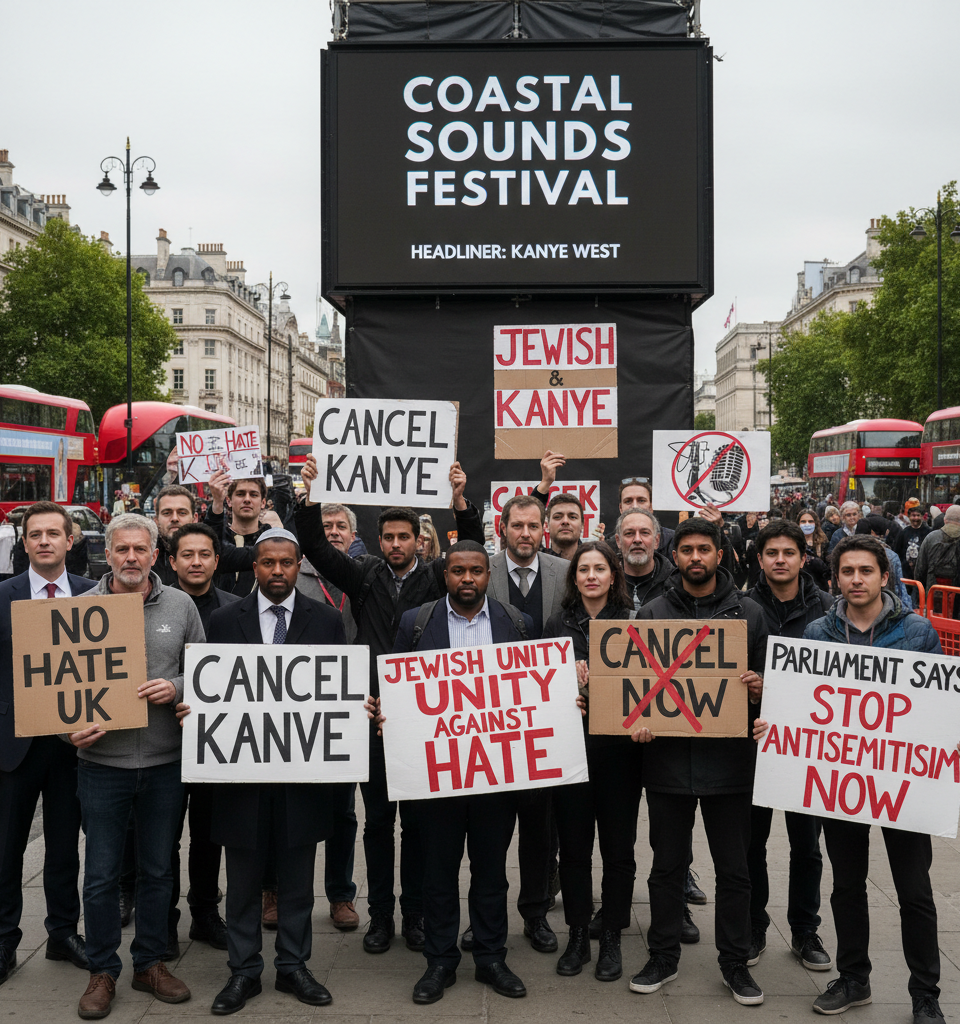 Kanye West's UK Festival Appearance: A Growing Storm of Controversy and Calls for Cancellation — AI-generated illustration