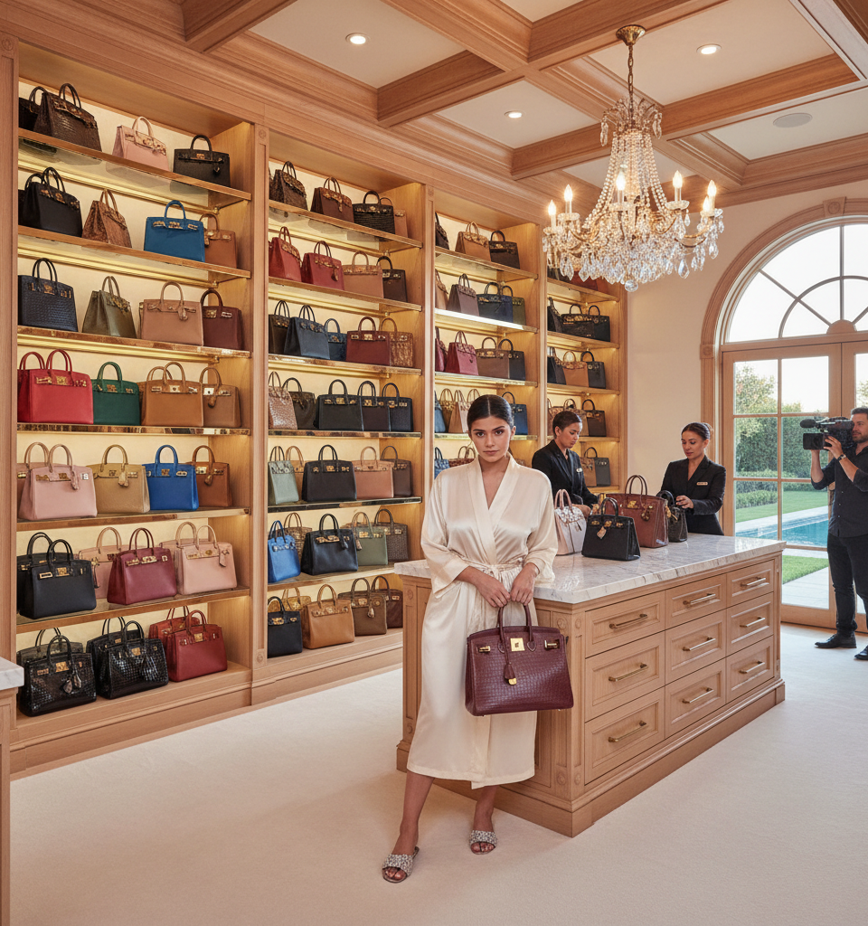 Kardashian-Jenner Empire: Inside Kylie Jenner's Hermes-Filled Luxury Closet at Her Sprawling Estate — AI-generated illustration