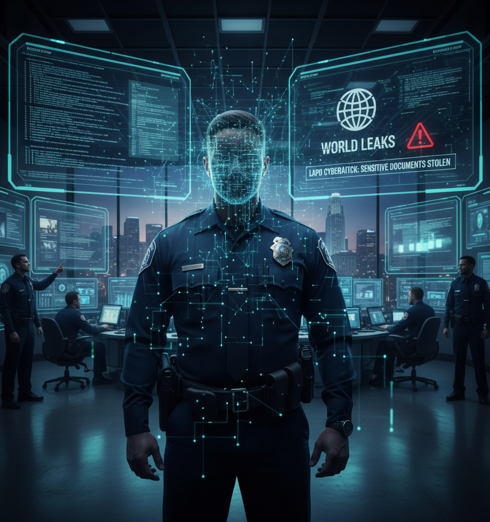 LAPD Cyberattack: Sensitive Documents Stolen, Leaked by 'World Leaks' Gang, Raising Major Security Concerns — AI-generated illustration
