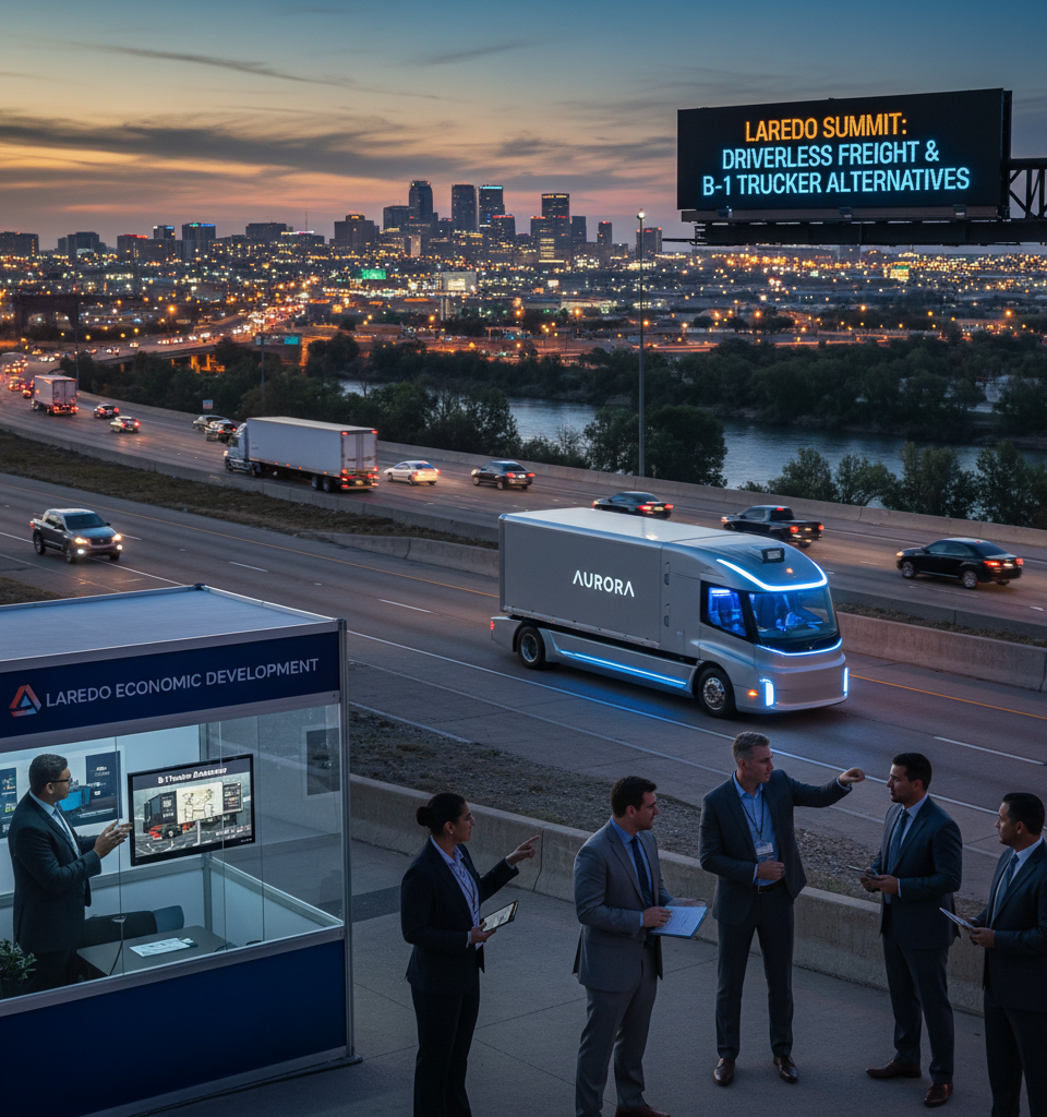 Laredo Summit Debates Driverless Freight, B-1 Trucker Alternatives Amid Borderlands Mexico Expansion — AI-generated illustration