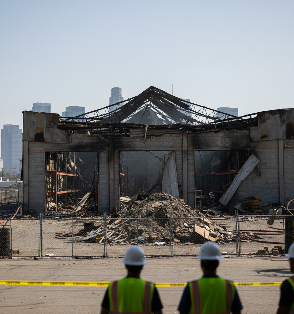 Lineage Sues Altus Power, Pearce Services Over Boyle Heights Warehouse Fire — AI-generated illustration