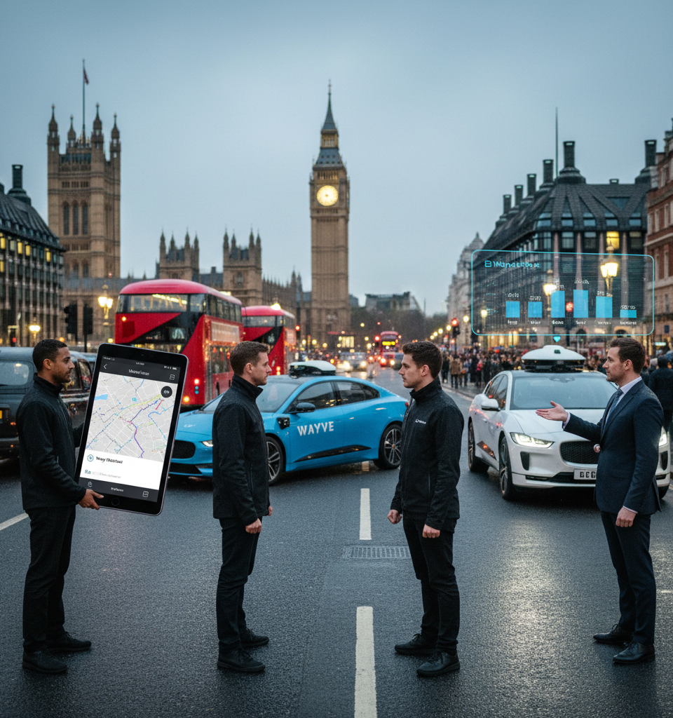 London Prepares for Robotaxi Showdown as Uber, Wayve, and Waymo Vie for Market Dominance — AI-generated illustration