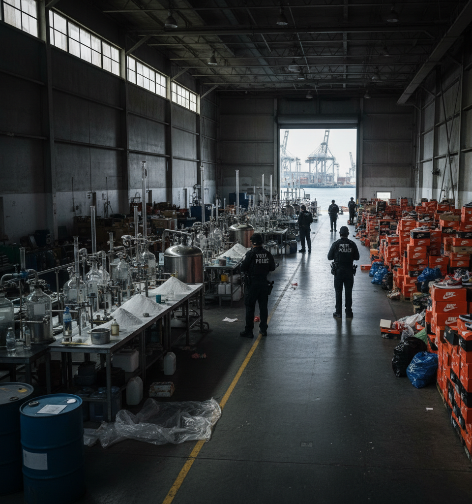 Los Angeles Port Police Spearhead Bust of $12.5M Meth Lab and $2M Nike Theft Ring — AI-generated illustration