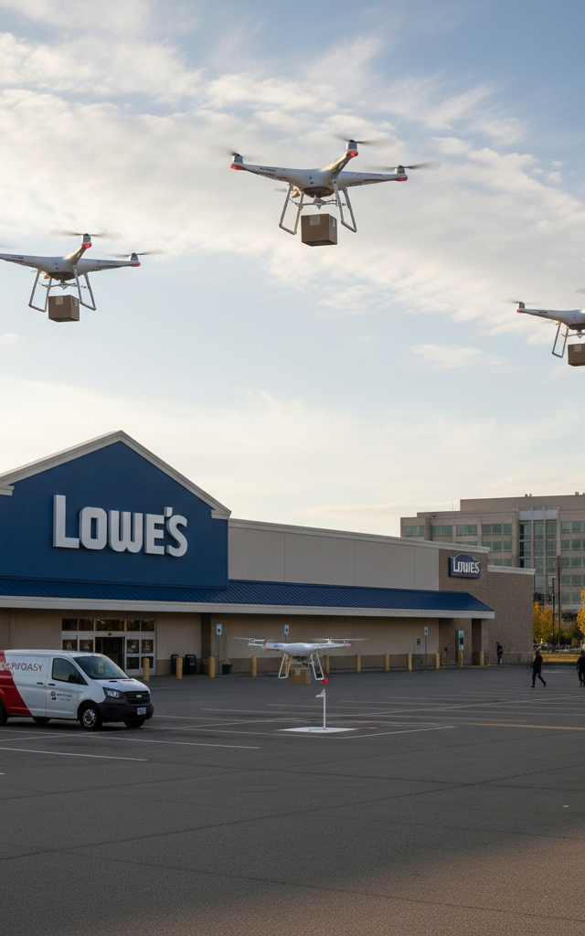 Lowe's, DoorDash, and Alphabet's Wing Partner for Drone Delivery Service Launch — AI-generated illustration