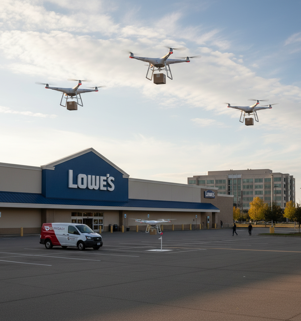 Lowe's, DoorDash, and Alphabet's Wing Partner for Drone Delivery Service Launch — AI-generated illustration