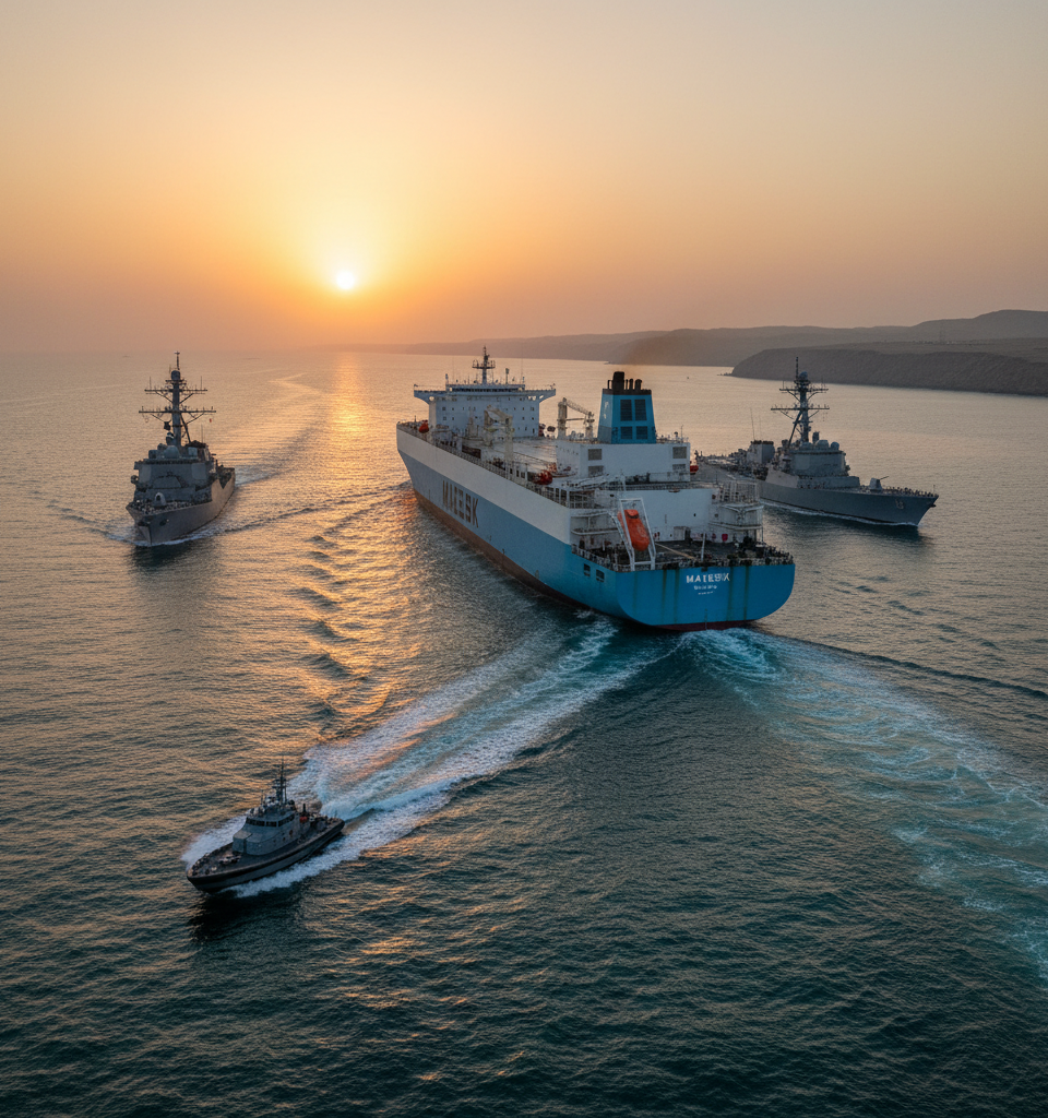Maersk Ro-Ro Makes Safe Passage Through Strait of Hormuz, Escorted by U.S. Navy — AI-generated illustration
