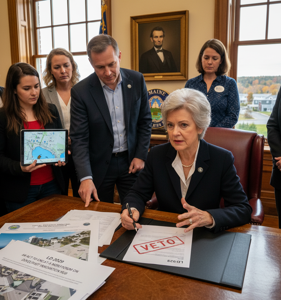 Maine Governor Vetoes Data Center Moratorium Bill, Citing Local Project Concerns — AI-generated illustration