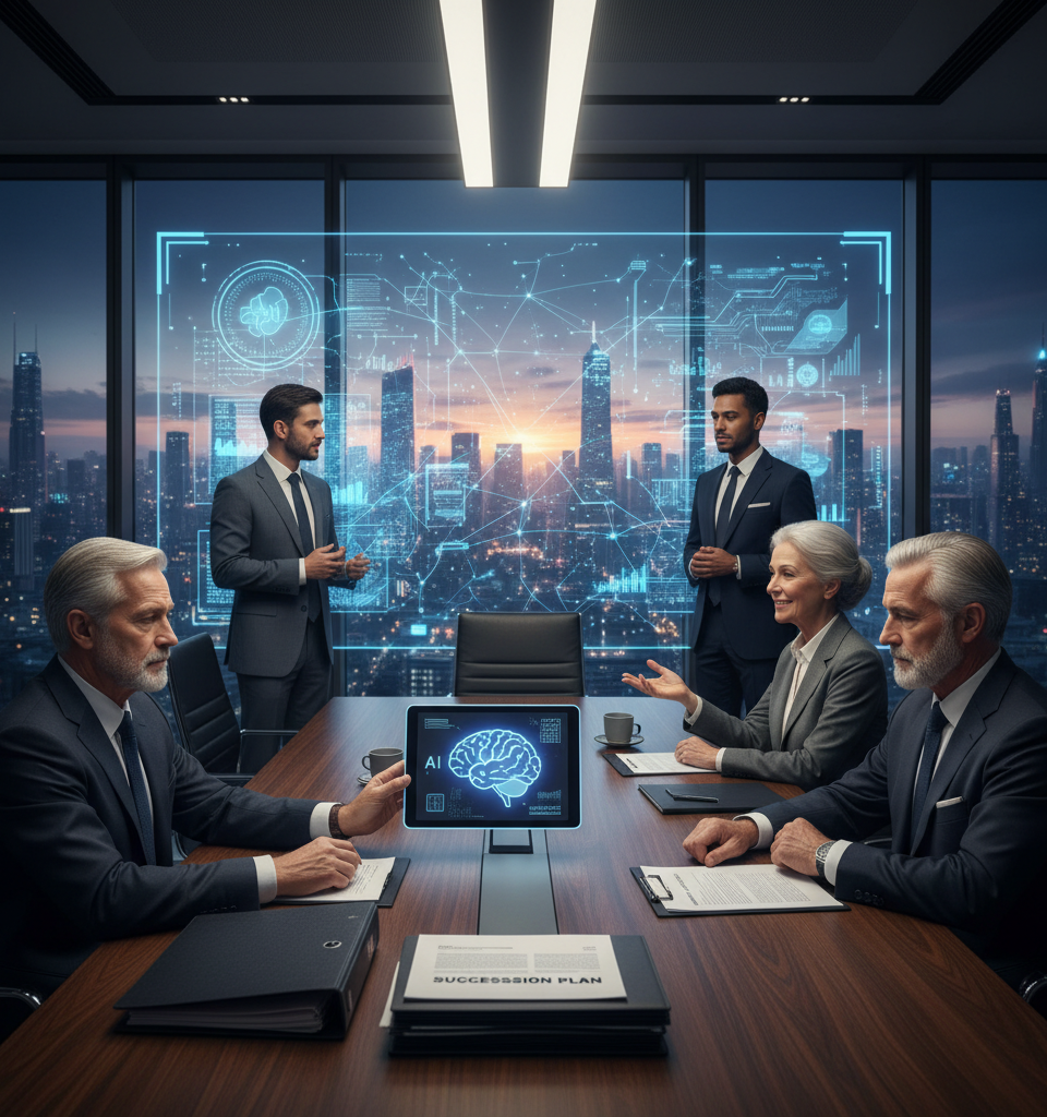 Major outgoing CEOs are citing AI as a factor in their decisions to step down — AI-generated illustration