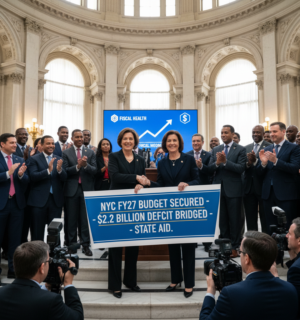 Mamdani, Hochul Secure NYC's FY27 Budget, Bridging $2.2 Billion Deficit with State Aid — AI-generated illustration