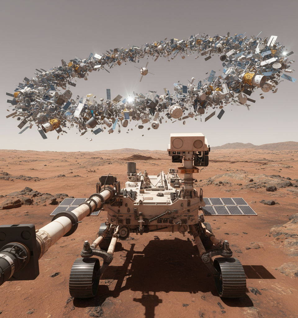 Mars Rover Perseverance Sends Selfie; Satellite Pollution and Space Debris Concerns Escalate — AI-generated illustration