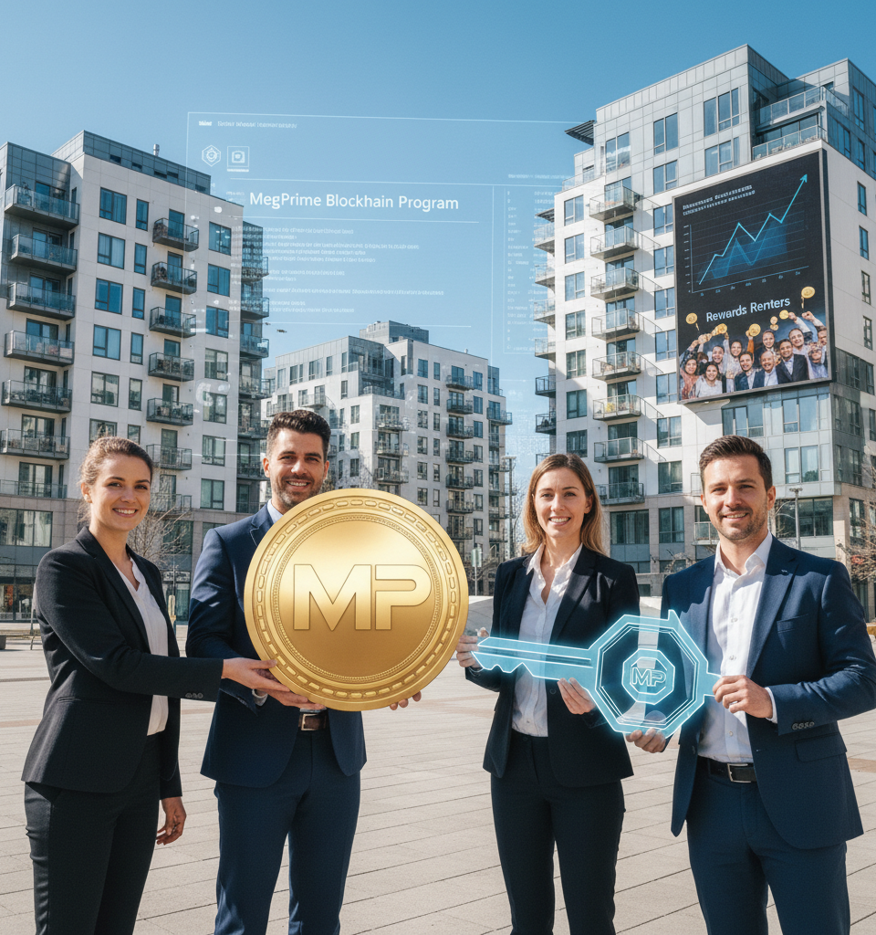MegPrime Blockchain Program Rewards Renters, Aims to Disrupt Housing Accessibility — AI-generated illustration