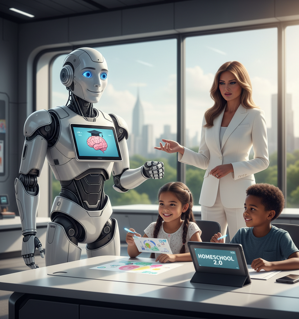 Melania Trump wants a robot to homeschool your child — AI-generated illustration