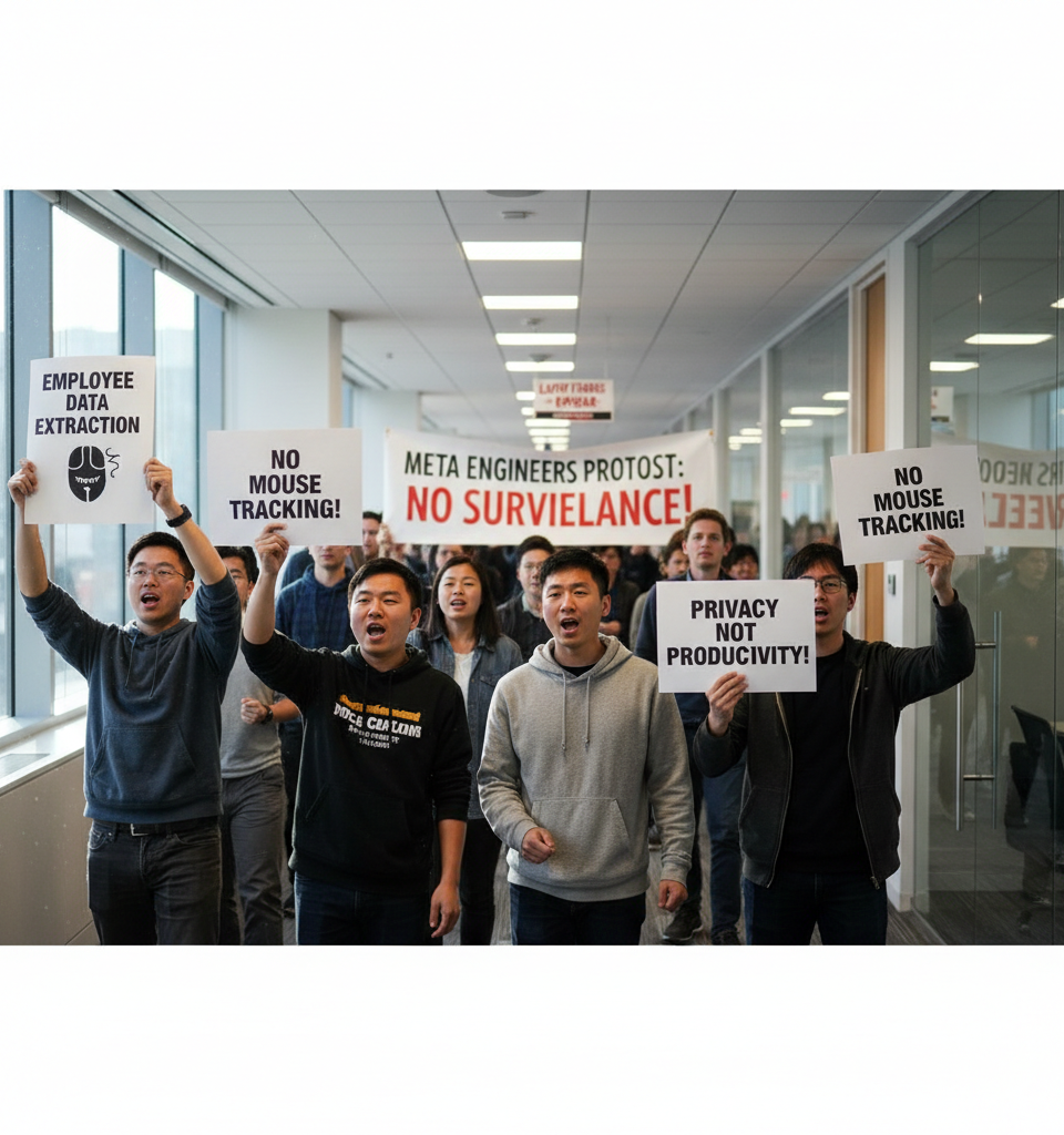 Meta Engineers Protest New Surveillance Software Amidst Layoff Fears, Sparking Employee Uproar — AI-generated illustration