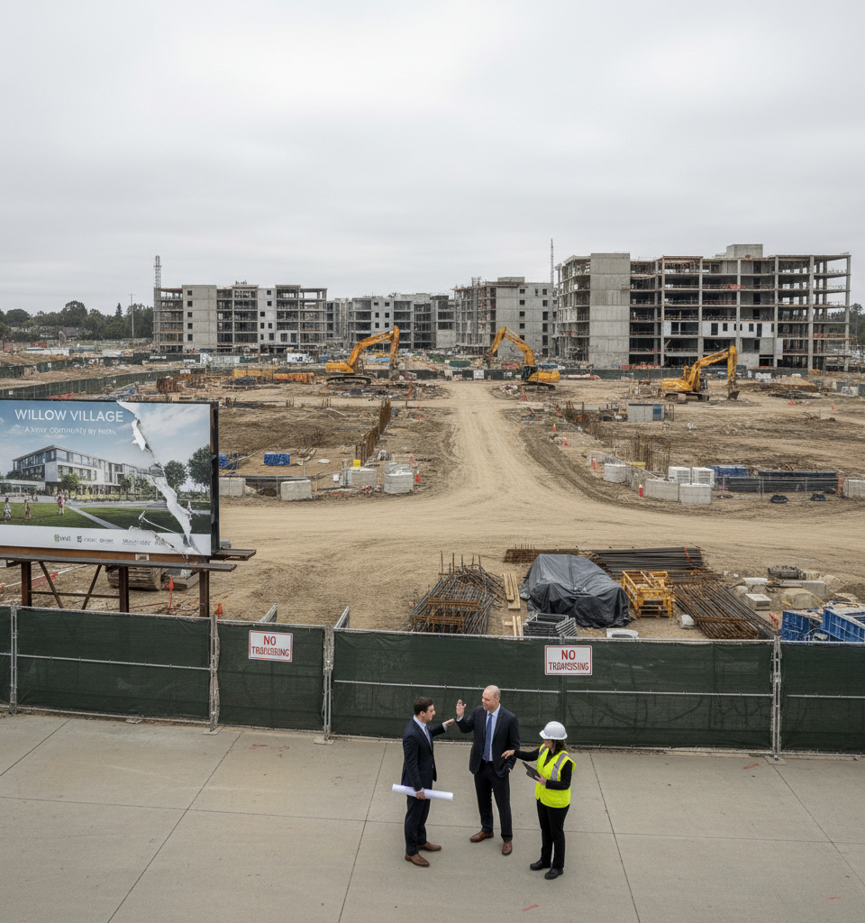 Meta Halts 1.6M SF Willow Village Megaproject in Menlo Park Amidst Market Shifts — AI-generated illustration