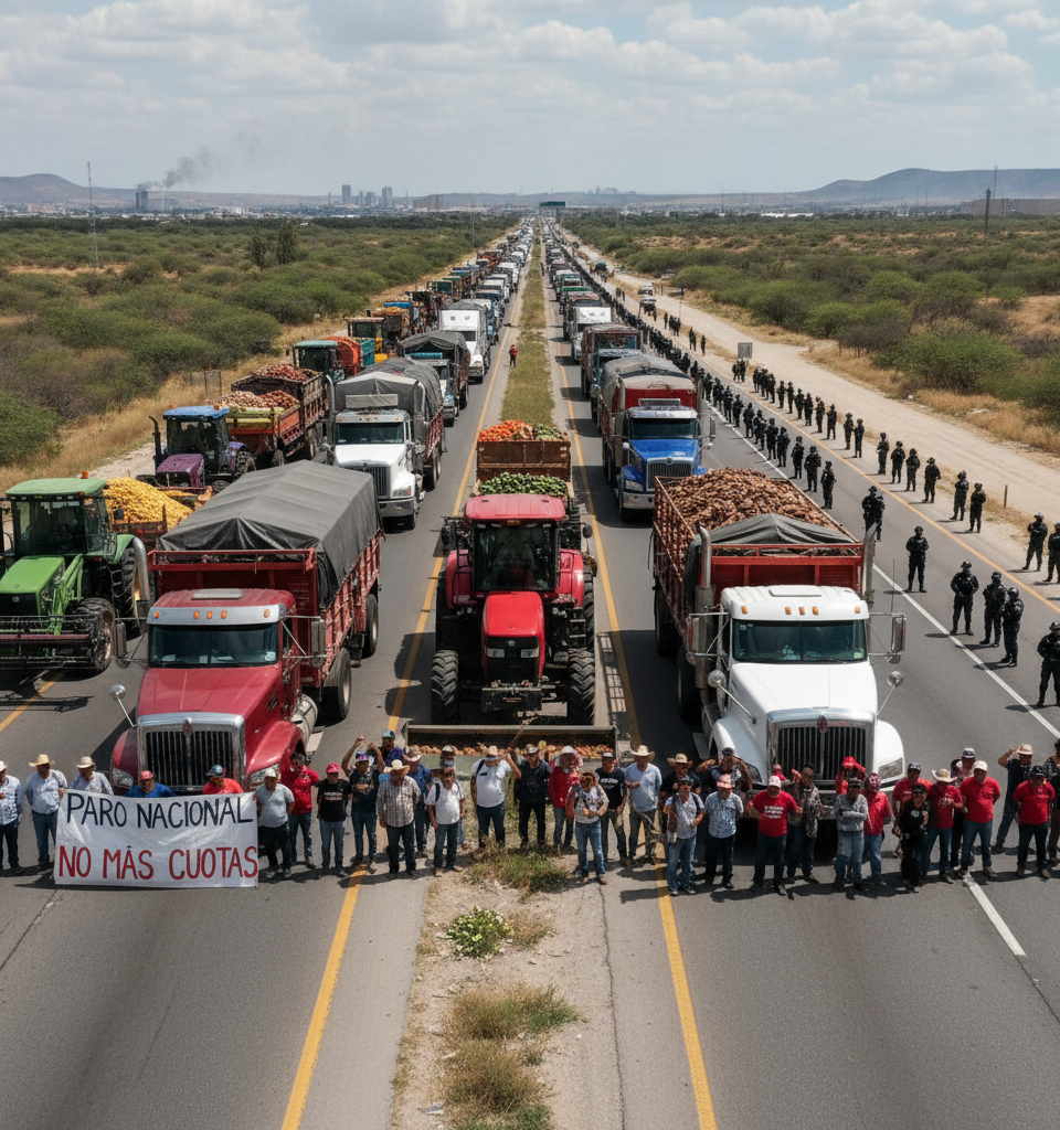 Mexican Truckers & Farmers Paralyze Key Freight Routes in Nationwide Strike, Threatening Supply Chains — AI-generated illustration