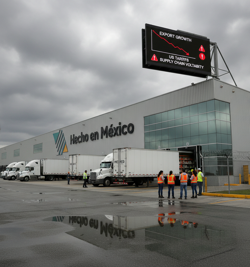 Mexico's Export Growth Under Threat from US Tariffs, Supply Chain Volatility — AI-generated illustration